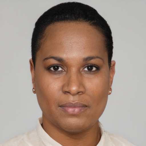 Neutral black young-adult female with short  black hair and brown eyes