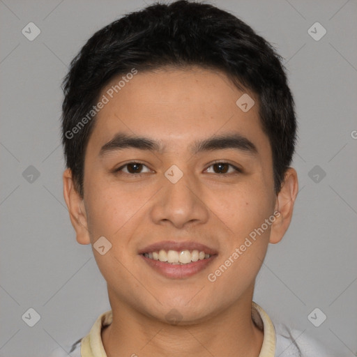 Joyful latino young-adult male with short  brown hair and brown eyes