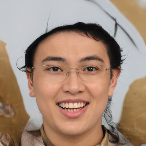 Joyful asian young-adult male with medium  brown hair and brown eyes