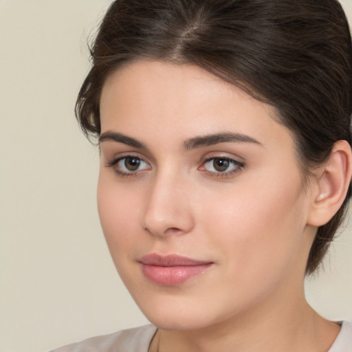 Neutral white young-adult female with medium  brown hair and brown eyes