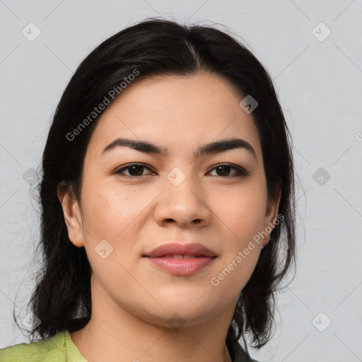 Joyful asian young-adult female with medium  brown hair and brown eyes