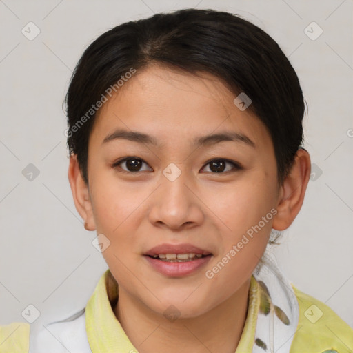 Joyful white young-adult female with short  brown hair and brown eyes