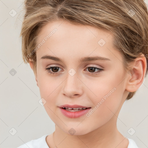 Joyful white child female with medium  brown hair and brown eyes