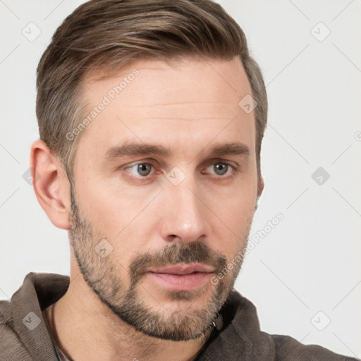 Neutral white young-adult male with short  brown hair and brown eyes