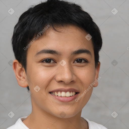 Joyful latino young-adult female with short  brown hair and brown eyes