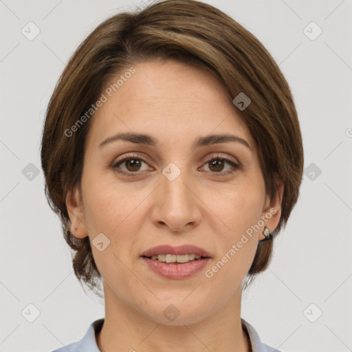 Joyful white adult female with medium  brown hair and grey eyes