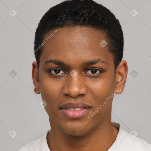 Joyful black young-adult female with short  black hair and brown eyes