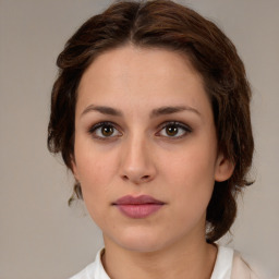 Neutral white young-adult female with medium  brown hair and brown eyes