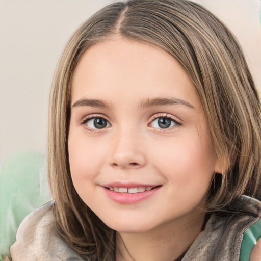 Joyful white child female with long  brown hair and brown eyes