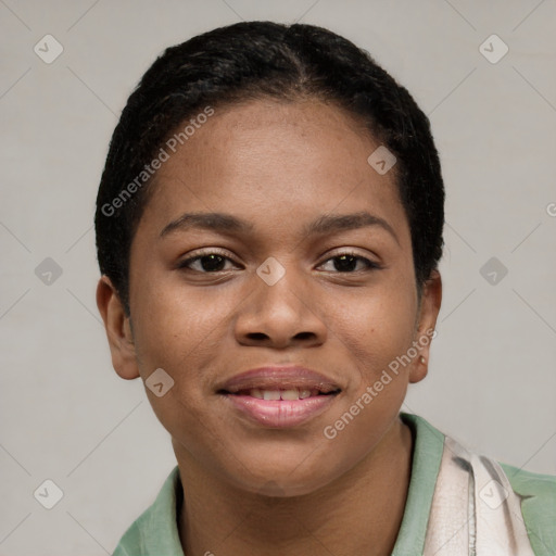 Joyful latino young-adult female with short  brown hair and brown eyes