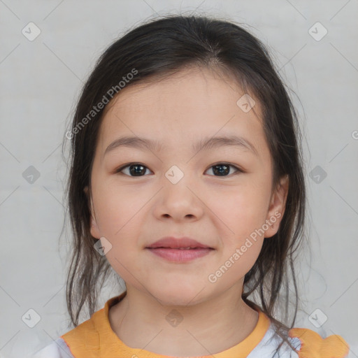 Joyful white child female with medium  brown hair and brown eyes