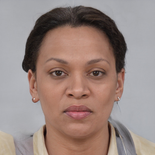 Joyful asian adult female with short  brown hair and brown eyes