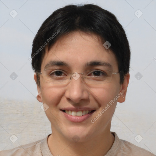 Joyful white adult female with short  brown hair and brown eyes