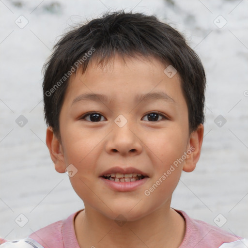 Joyful asian child male with short  brown hair and brown eyes