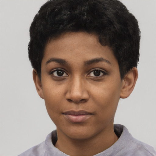 Neutral black young-adult female with short  black hair and brown eyes
