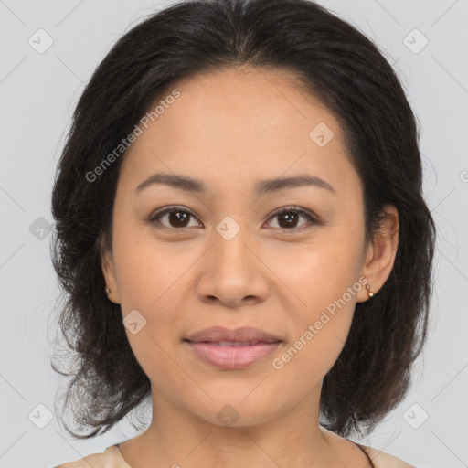 Joyful asian young-adult female with medium  brown hair and brown eyes