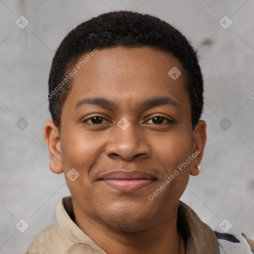 Joyful latino young-adult male with short  brown hair and brown eyes