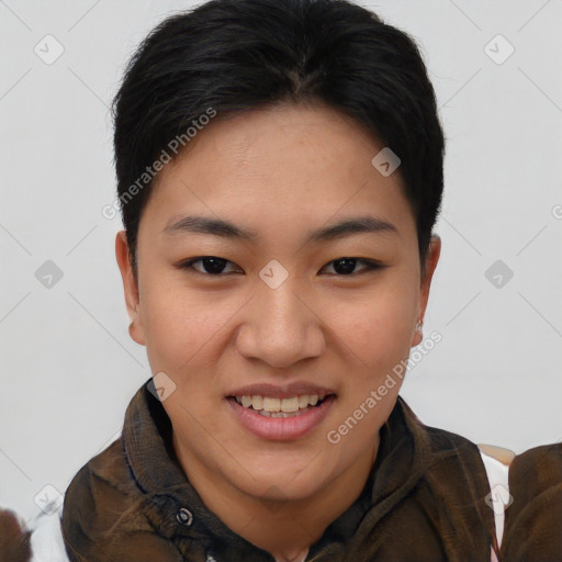 Joyful asian young-adult female with short  brown hair and brown eyes