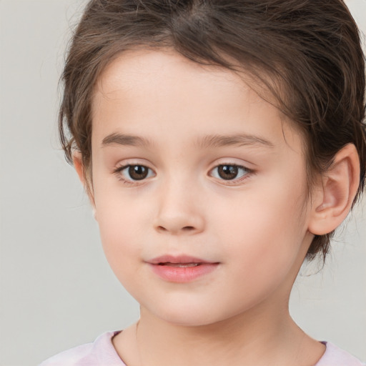 Joyful white child female with medium  brown hair and brown eyes