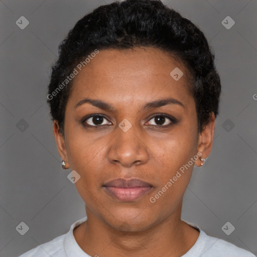 Neutral black young-adult female with short  black hair and brown eyes
