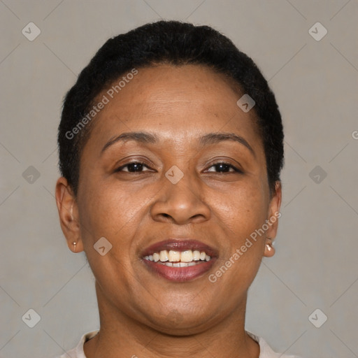 Joyful latino adult female with short  brown hair and brown eyes