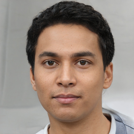 Neutral asian young-adult male with short  black hair and brown eyes