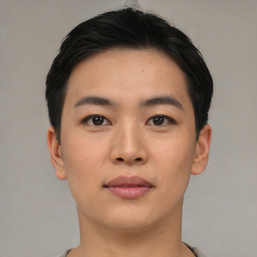 Neutral asian young-adult male with short  black hair and brown eyes