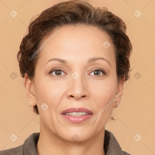 Joyful white adult female with short  brown hair and brown eyes