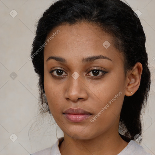 Neutral black young-adult female with medium  brown hair and brown eyes