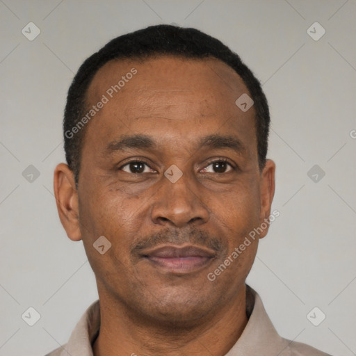 Neutral black adult male with short  black hair and brown eyes