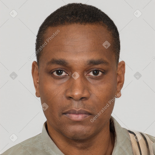 Neutral black young-adult male with short  black hair and brown eyes