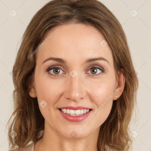 Joyful white young-adult female with long  brown hair and green eyes