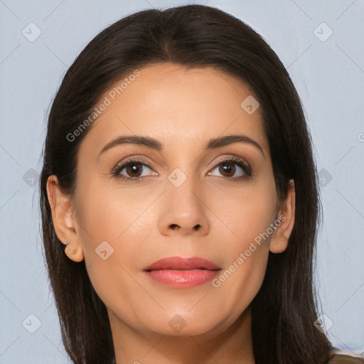 Joyful latino young-adult female with long  brown hair and brown eyes