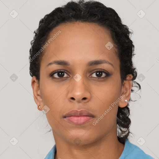 Neutral black young-adult female with short  brown hair and brown eyes