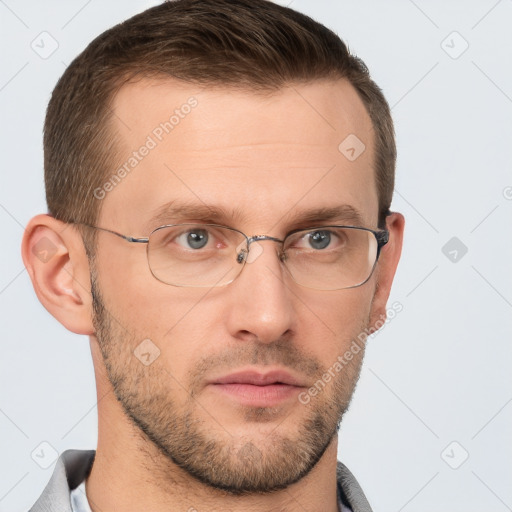 Neutral white young-adult male with short  brown hair and grey eyes