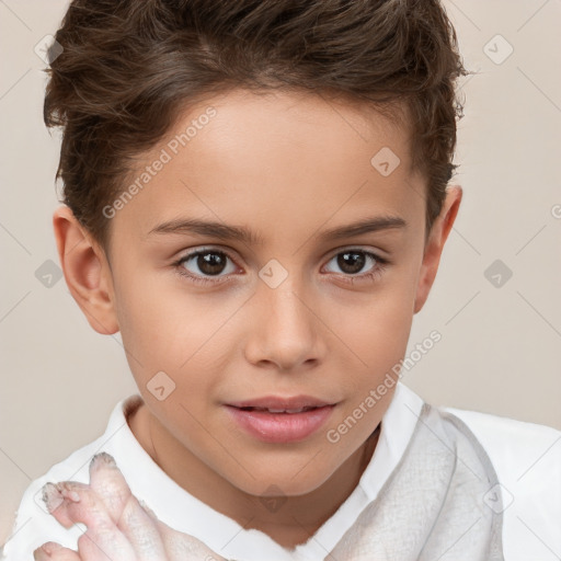 Joyful white child female with short  brown hair and brown eyes