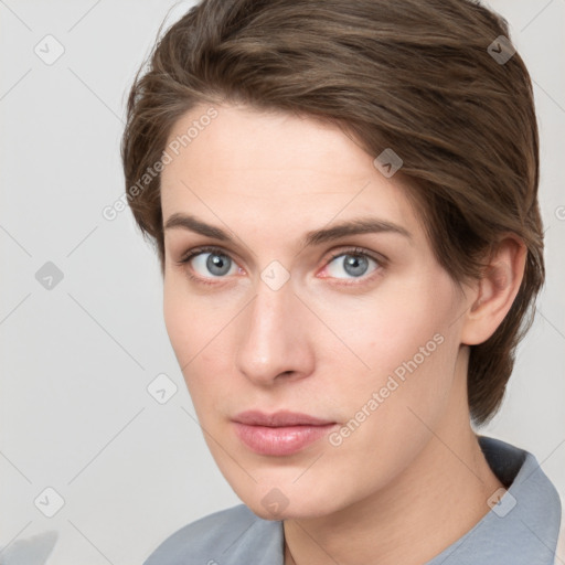 Neutral white young-adult female with medium  brown hair and grey eyes