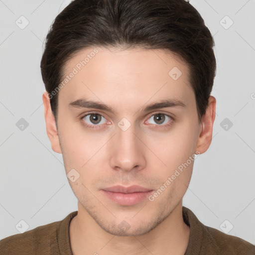 Neutral white young-adult male with short  brown hair and brown eyes