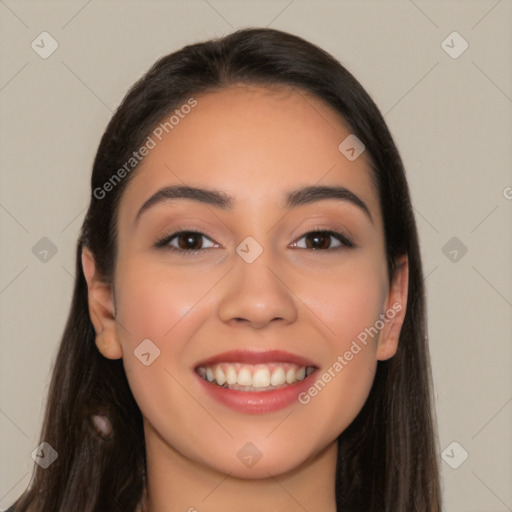 Joyful white young-adult female with long  brown hair and brown eyes