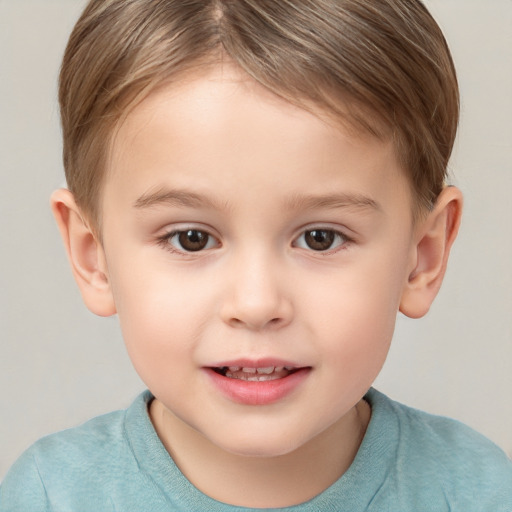 Joyful white child male with short  brown hair and brown eyes