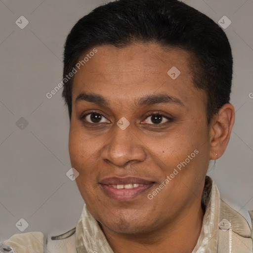 Joyful latino young-adult female with short  brown hair and brown eyes
