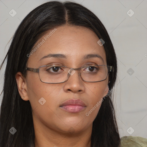 Neutral asian adult female with long  brown hair and brown eyes