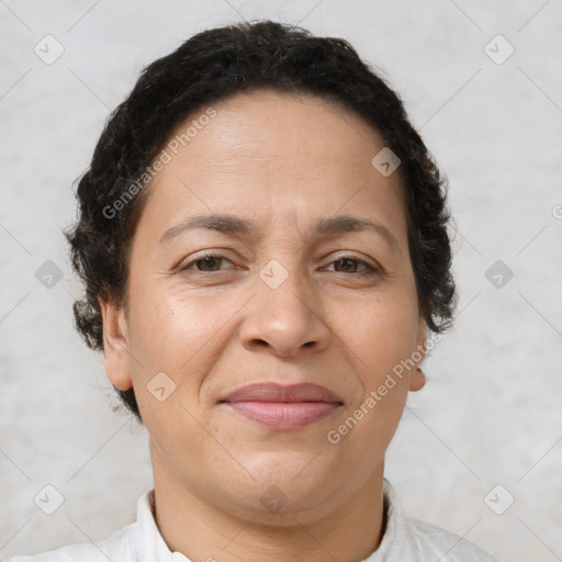 Joyful white adult female with short  brown hair and brown eyes