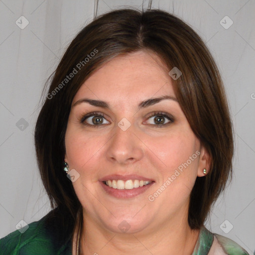 Joyful white young-adult female with medium  brown hair and blue eyes