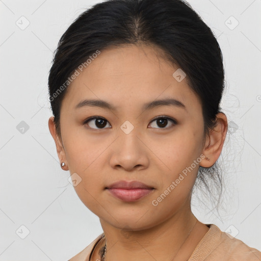 Neutral asian young-adult female with medium  brown hair and brown eyes