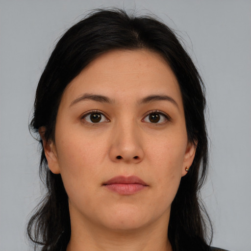 Neutral asian young-adult female with long  brown hair and brown eyes