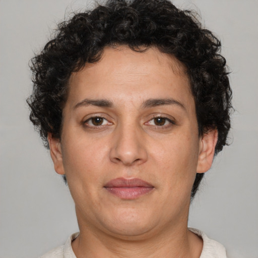 Neutral white adult female with short  brown hair and brown eyes