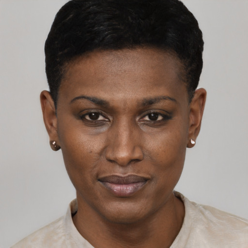 Joyful black young-adult female with short  black hair and brown eyes