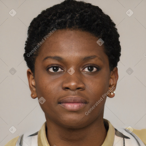 Neutral black young-adult female with short  brown hair and brown eyes