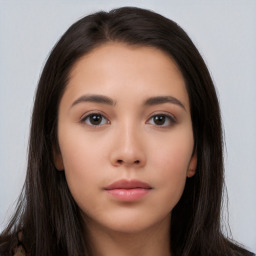 Neutral white young-adult female with long  black hair and brown eyes